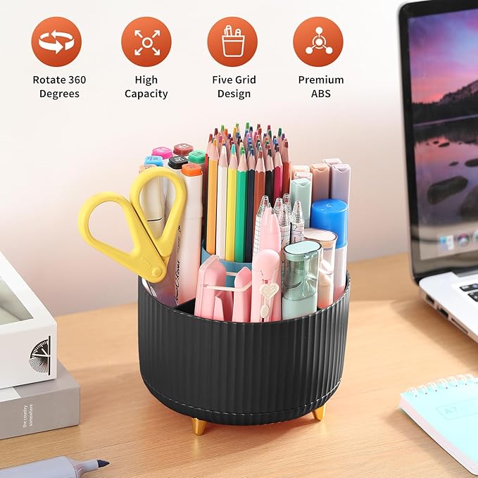 Desk Pen Holder, 5 Slot 360 Rotating Pen Organizer for Desk, Desktop Storage Stationery Supplies Organizer, Cute Pencil Cup Pot for Office, School, Home, Art Supply, Black