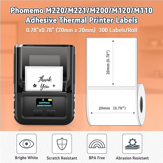 Phomemo Thermal Sticker Label Paper, Multi-Purpose Self-Adhesive Tag for M120/M110/M100/M200/M220/M150/M250 Label Maker Machine, 0.78"x0.78"(20X 20mm), 300 Labels/Roll,Black on White