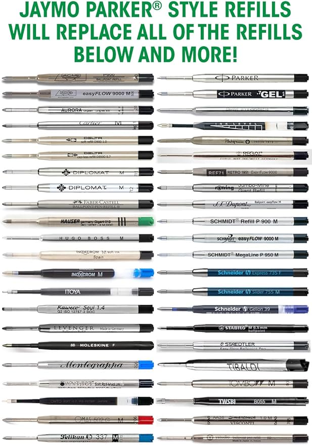 Jaymo Replacement for Parker 1950369 and Bastion - Measures 3.875 in / 98 mm Long - G2 Ballpoint Pen Refill - 12 Black