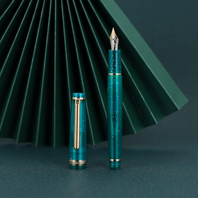 Jinhao 82 Acrylic Fountain Pen, Iridium Medium Nib with Ink Converter, Transparent Peacock Blue Fluorescent Classic Design Smooth Writing Pen (Gold Trim)