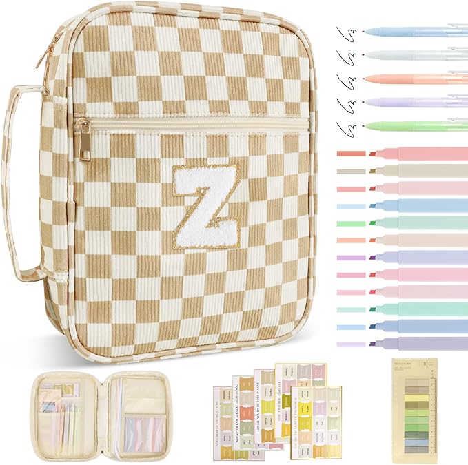 Personalized Initial Bible Cover Case for Women Girls Kid - Large Corduroy Bible Case with Handle, Stylish Chenille Letter Bag Study Supplies, Perfect Christmas Gifts for Christians Women (Khaki-Z)