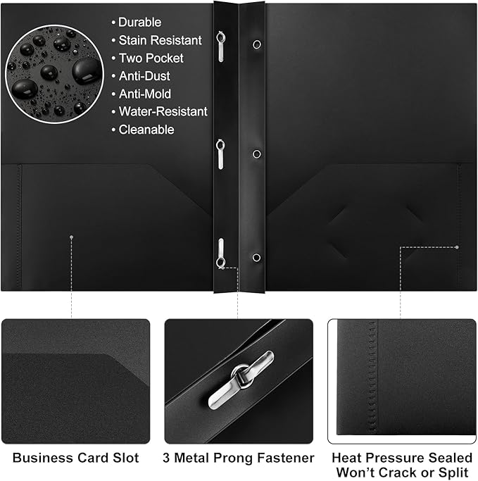 Cholemy 36 Pcs Plastic Pocket Folders with Prong 2 Heavy Duty Pockets Folders with 3 Prongs Letter Size Paper Folders Bulk File Plastic Folders with Fasteners for Office Workers (Black)