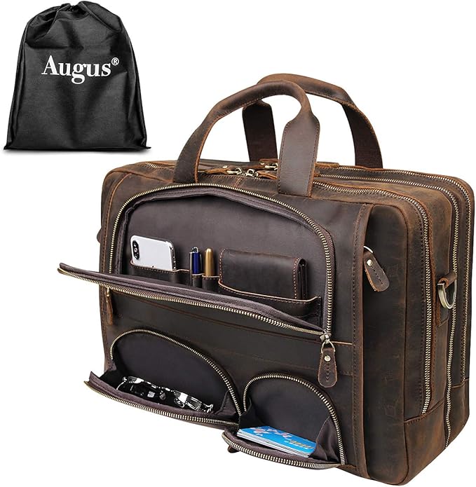 Augus Business Travel Briefcase Genuine Leather Duffel Bags for Men Laptop Bag fits 15.6 inches Laptop