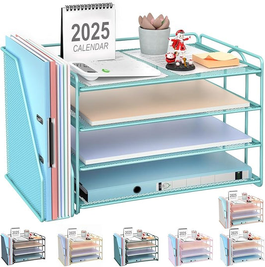 gianotter 2025 New Large Capacity Desk Organizer with Detachable Magazine Holder, 4-Tier Paper Organizer Letter Tray, Desk Accessories for A4 Paper and Document Storage(Blue)