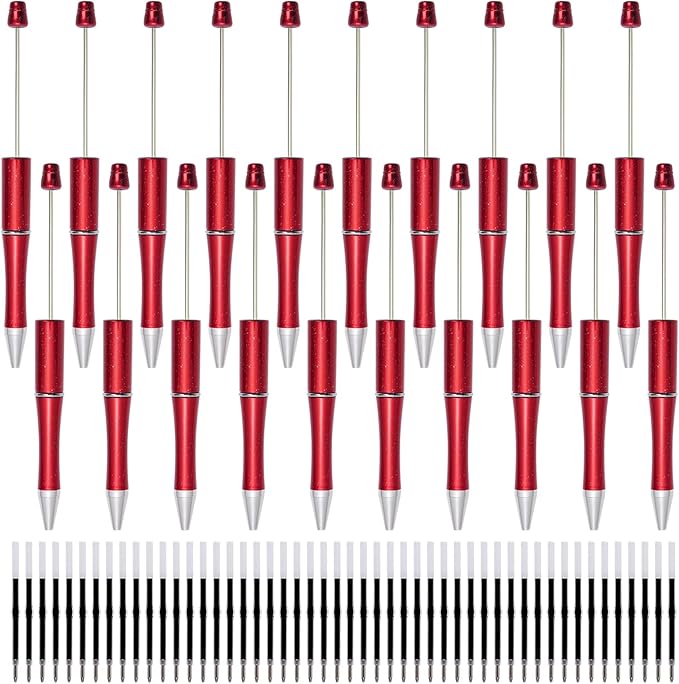 jiebor 20Pcs Red Beadable Pens Plastic Bead Ballpoint Pens Bulk with 50Pcs Black Ink Cute Cool DIY Pens for Women Teacher Christmas Gift Office Supplies