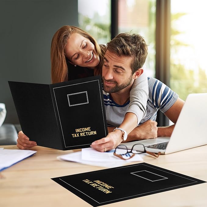 Kisston 50 Pcs Tax Return Folders Bulk 2 Pocket Gold Foil Stamped Income Tax Folders with Blank Labels Business File Office Organizer (Black)