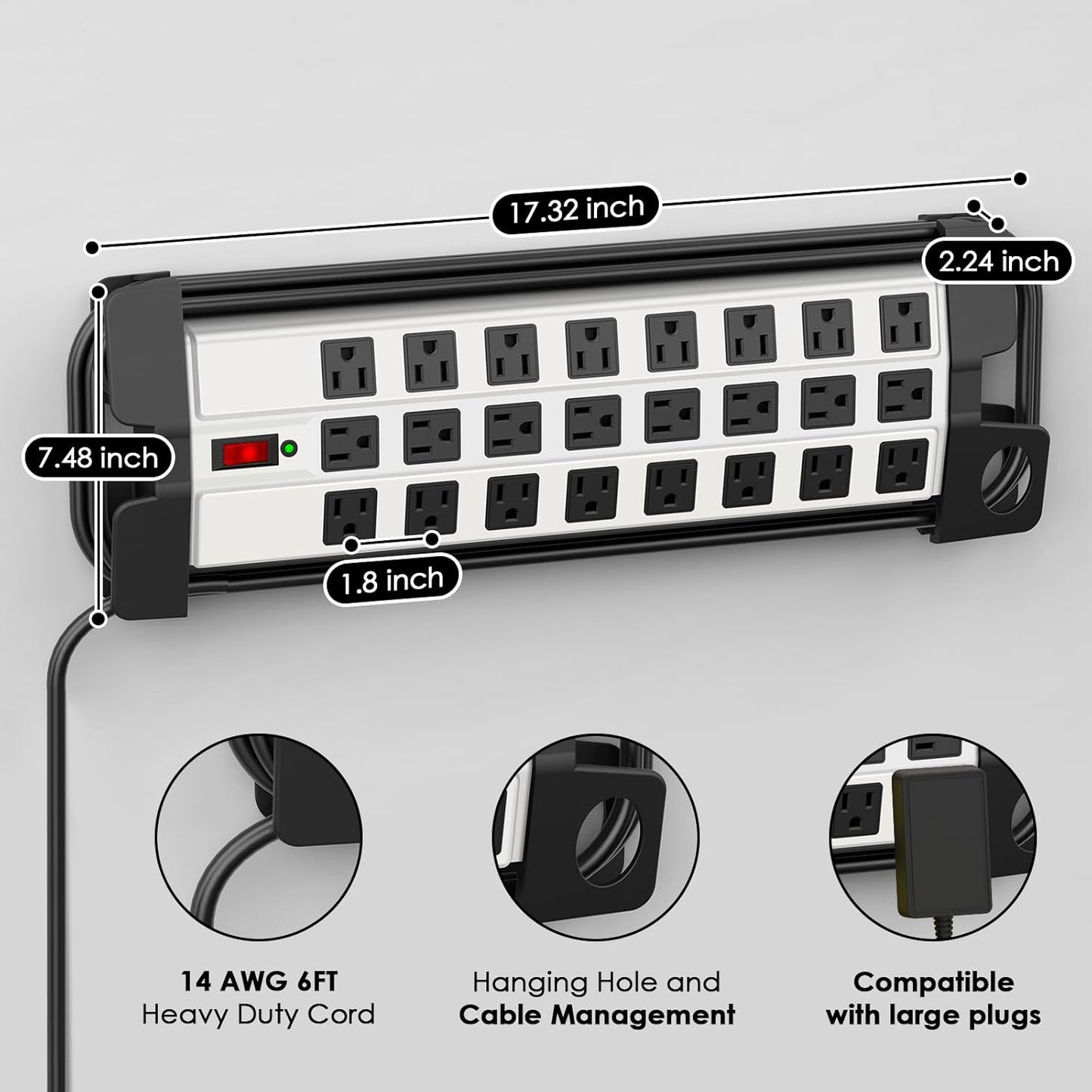 HHSOET Heavy Duty Power Strip with Surge Protection, Industrial Commercial Metal 24 Outlets Wall Mount for Garage Shop, 15 Amp, Switch, 6FT Extension Cord, Grey.