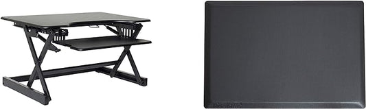 Rocelco 32" Height Adjustable Standing Desk Converter BUNDLE - Sit Stand Computer Workstation Riser with Anti Fatigue Mat - Dual Monitor Retractable Keyboard Tray Gas Spring - Black (R EADRB-MAFM)