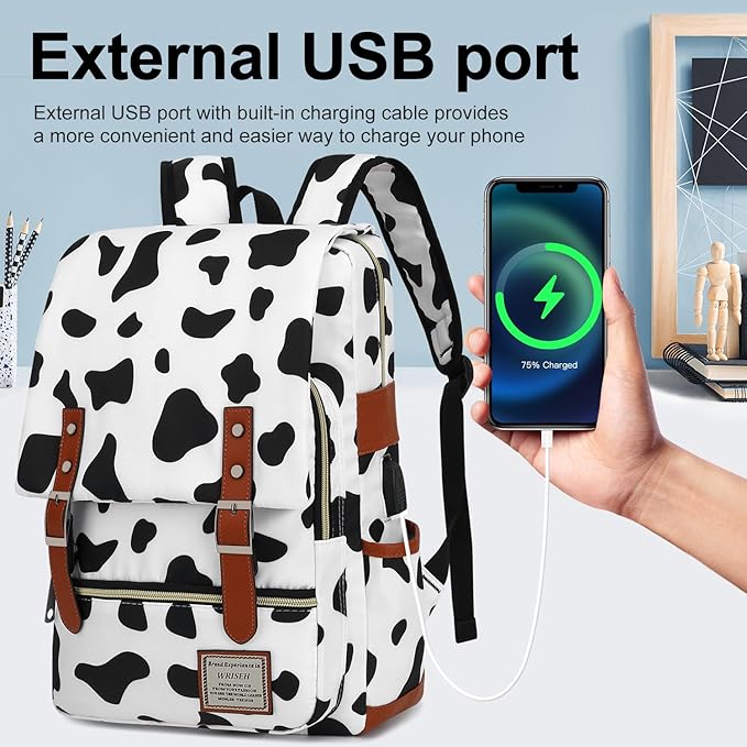 Travel Laptop Backpack Slim Vintage Backpack with USB Charging Port,Water Resistant Business Daypacks College Bag for Men Women,Fits 15.6 Inch Notebook. (Cow)