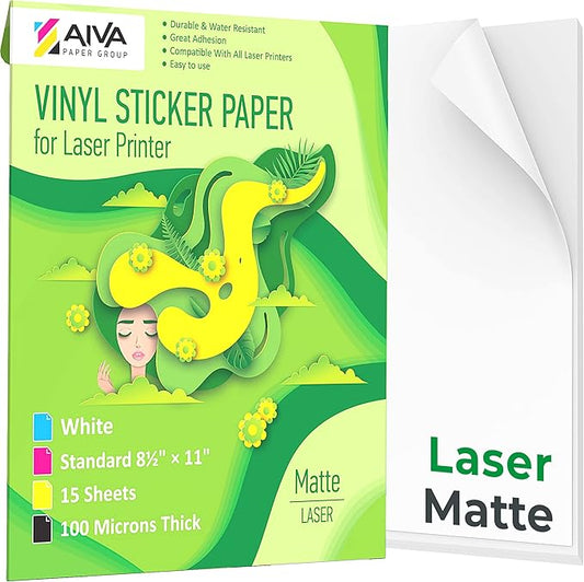 Printable Vinyl Sticker Paper for Laser Printer - Matte White - 15 Self-Adhesive Sheets - Waterproof Decal Paper - Standard Letter Size 8.5"x11"