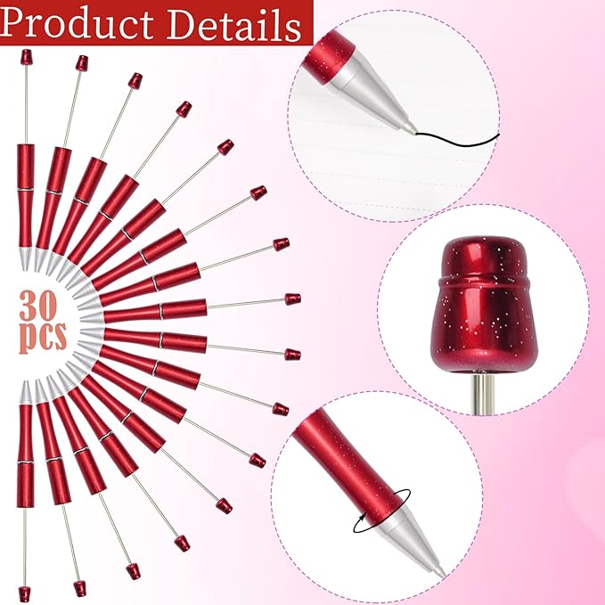 jiebor 20Pcs Red Beadable Pens Plastic Bead Ballpoint Pens Bulk with 50Pcs Black Ink Cute Cool DIY Pens for Women Teacher Christmas Gift Office Supplies