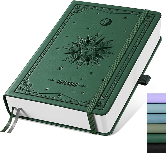 EMSHOI Lined Journal Notebook, 320 Numbered Pages, A5 College Ruled Notebook, with 100 GSM Thick Paper, Hardcover Leather, Contents, Stickers, Inner Pocket, Pen Holder, 5.75 x 8.38-Dark Green