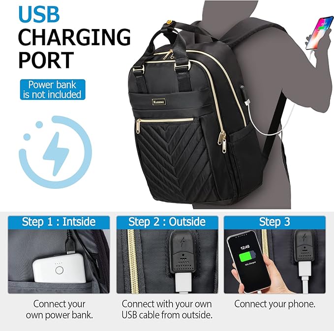 Black Backpack for Women, School Backpack for Teen Girls, 15.6 Inch Quilted Backpack Purse with USB Port, Work Business Teacher Student Computer Bag, College Bookbags Casual Daypacks, Black