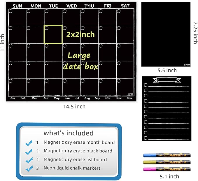 Magnetic Chalkboard Monthly Calendar with neon Bright Liquid Chalk Markers – Black Refrigerator Monthly Planning Board w/Bonus - Grocery List and Notepad for Kitchen Refrigerator