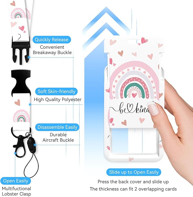 Rainbow Be Kind Badge Holder with Retractable Reel and Breakaway Lanyard，Badge Clips Retractable Heavy Duty Badge Reel，Funny Keychain，ID Holder with Breakaway Lanyard for School Nurse Office Teen