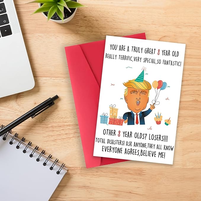 Funny Trump 8th Birthday Card for Boy Girl, Humorous Donald 8th Birthday Card Gift for Son Daughter Him Her, Best 8 Year Old Birthday Decoration for Niece Nephew
