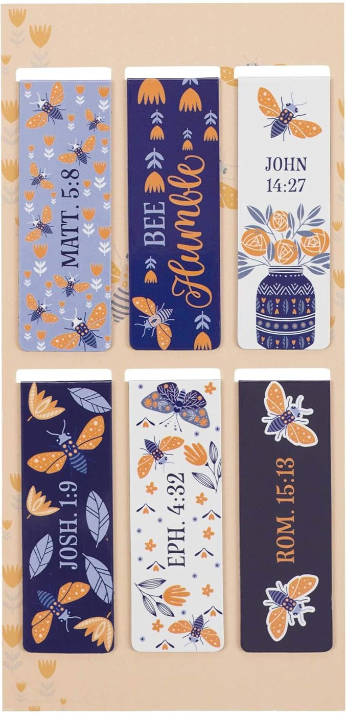 Christian Art Gifts Beloved Magnetic Scripture Bookmark Set with Bible Verse: Let It Bee - Inspirational Magnetic Blue White Gold Bee Themed Pagemarkers Set of 6 for Bibles and Books Size 2.3" x 0.75"