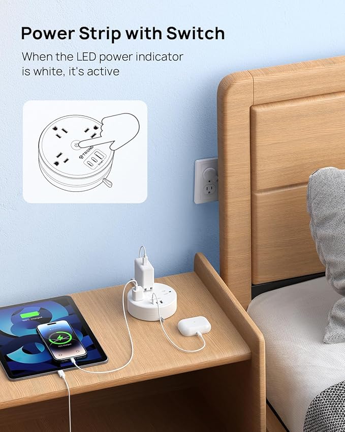 TROND Flat Plug Power Strip - Extension Cord 10FT Semi-Retractable, Power Strip with 3 AC Outlets 3 USB Ports (2 USB C), Cruise Ship Essentials, Desktop Charging Station for Home, Hotel, Dorm