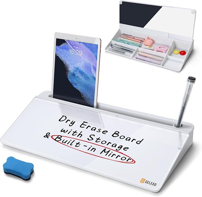 SELEAD Desktop Glass Whiteboard with Organizer & Built-in Mirror, Small Dry Erase White Board Computer Pad Keyboard Stand for Home, School, Office Desk Accessories - White