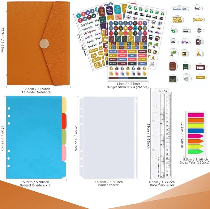 HXRTANGS PU Leather Notebook Binder Set A5, Refillable Writing Journal Planner Organizer with Paper Refills, Index Flags, Subject Dividers, Budget Stickers, Zipper Pocket and Bookmark Ruler, Orange