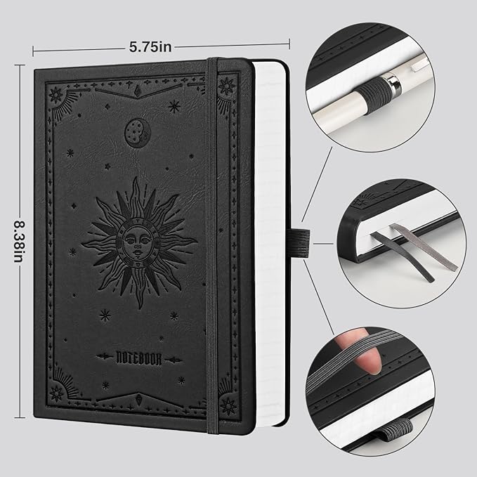 EMSHOI A5 Hardcover Leather Journal - 320 Pages, 100GSM Thick Notebook Lined Journal for Writing Women & Men, College Ruled, Sun Design- Black (5.75" x 8.38")