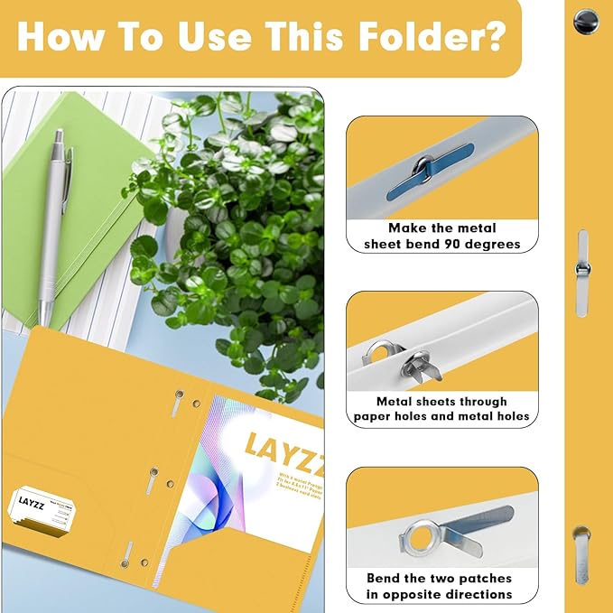 Plastic 2 Pocket Folders with Prongs, 30 Pack, Heavyweight, Letter Size Poly Folders with 3 Metal Prongs Fastener Clips (Yellow)