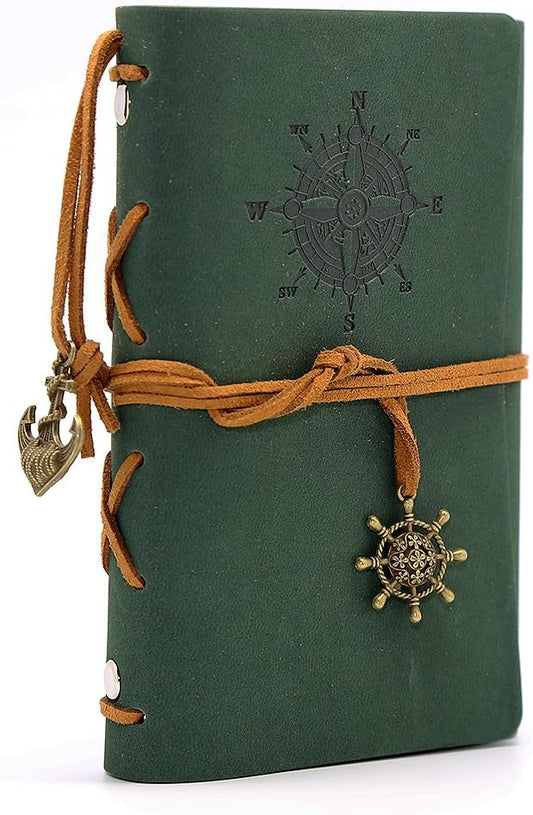EvZ Leather Writing Journal Notebook, 5 Inches Vintage Nautical Spiral Blank String Diary Notepad Sketchbook Travel to Write in, Unlined Paper, Retro Pendants, Classic Embossed, Dark Green