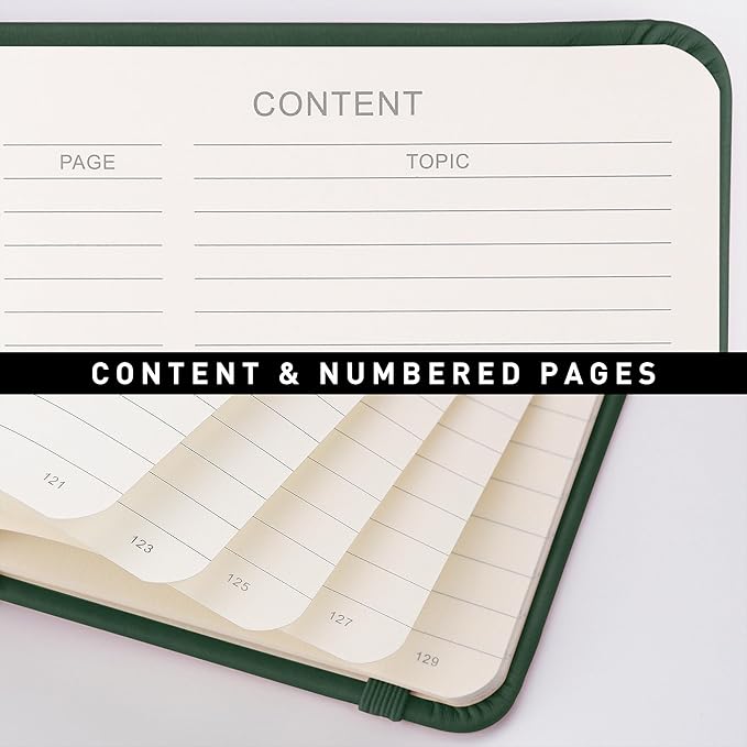 RETTACY Journaling Notebooks, A5 Lined Journal Notebook with 192 Numbered Pages, 5.7'' × 8.3'' Medium Size, for Writing, Work, Office, Leather Hardcover, 100 GSM Thick Paper (Dark Green)