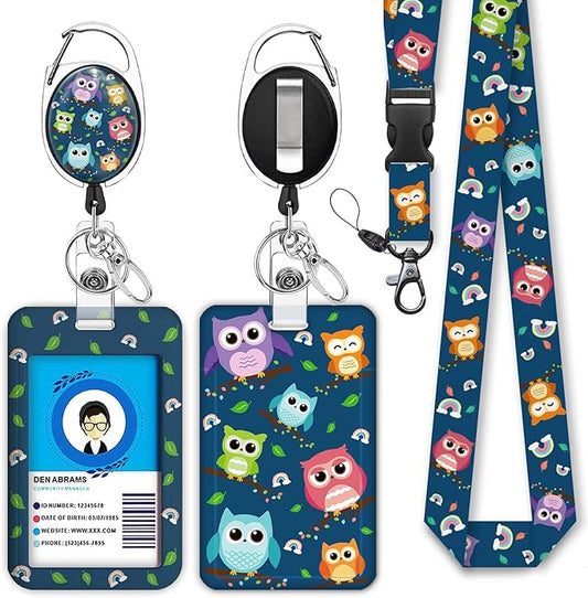 Cute Owl Lanyards for Id Badges, Retractable ID Badge Holder with Detachable Lanyard, Fashionable Badge Reel Heavy Duty with Carabiner Clip, Nurse Teacher Office Gifts