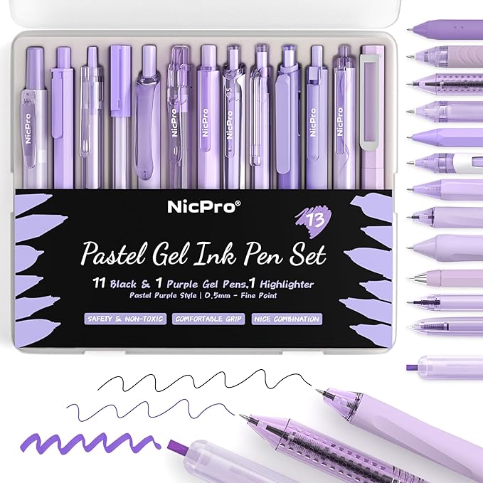Nicpro 13PCS Pastel Gel Ink Pen Set with Case, Cute Retractable 0.5mm Fine Point 12PCS Black Ink Pens with 1 Highlighter, Aesthetic Pens for School, Student Note Taking,Writing,Office Supplies(Purple)