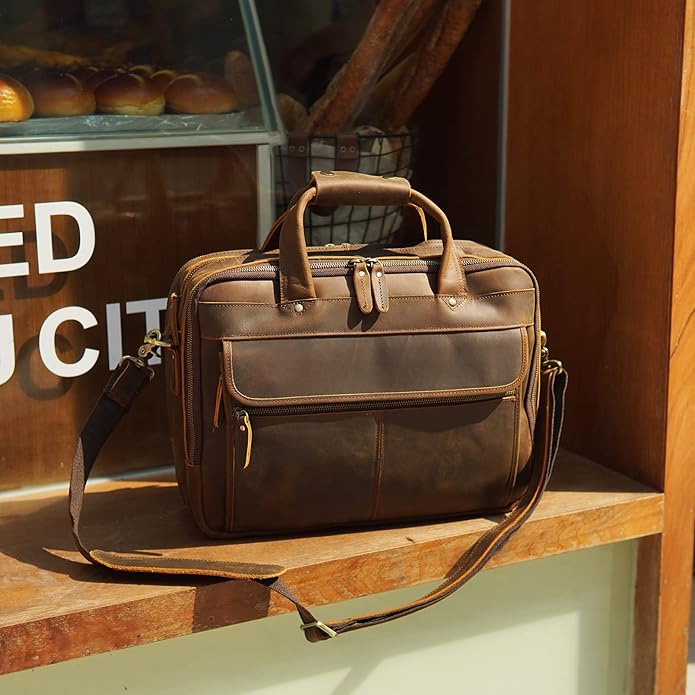 Polare Modern Attaché Style 15.7" Full Grain Italian Leather Laptop Business Briefcase for Men
