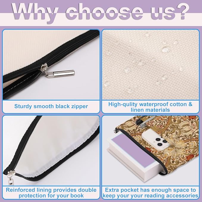 Retro Flowers Book Sleeve Book Cover Classic Flower Book Protector with Zipper Christmas Birthday Book Club Gifts Book Accessories for Women Sister Freind Librarian Girls Bookish Book Lovers Gifts