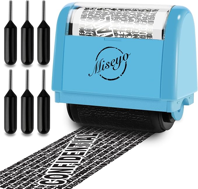 Miseyo Identity Theft Protection Roller Stamp Set - Blue (6 Refill Ink Incleded)