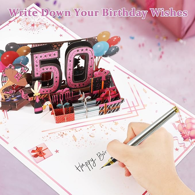 50th Birthday Card for Women Her, Jumbo 3D Pop Up 50th Birthday Gifts, Back In 1975 Happy 50 Year Old Sister Birthday Decorations Cards Card for Wife, Rose Gold