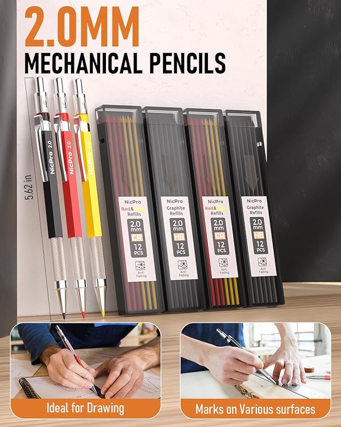 Nicpro 18 Pack Carpenter Pencils Mechanical, Construction Pencils with 60 Refill, Automatic Center Punch and Carbide Scribe Tool, 2.0mm Mechanical Pencil for Woodworking, Best Carpenters Marking Tool