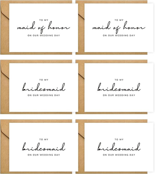 6 Pieces Bridesmaid Proposal Cards with Envelopes, 4 Pieces To My Bridesmaid On Our Wedding Day Cards and 2 Pieces To My Maid Of Honor On Our Wedding Day Cards.（Bridesmaid - 6cards B）