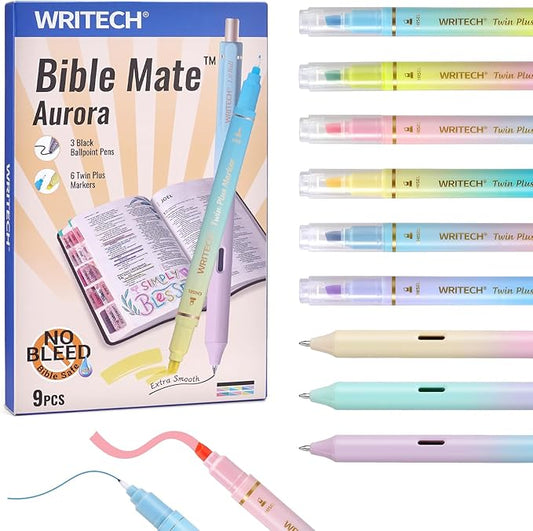 WRITECH Bible Mate Journaling Set: No Bleed Aesthetic Highlighters & 1.0 mm Black Ballpoint Pens, Bible Safe Dual Tip Highlighters, Pastel Colors, Fast-drying Ink, Bible Journaling Kit, 9ct