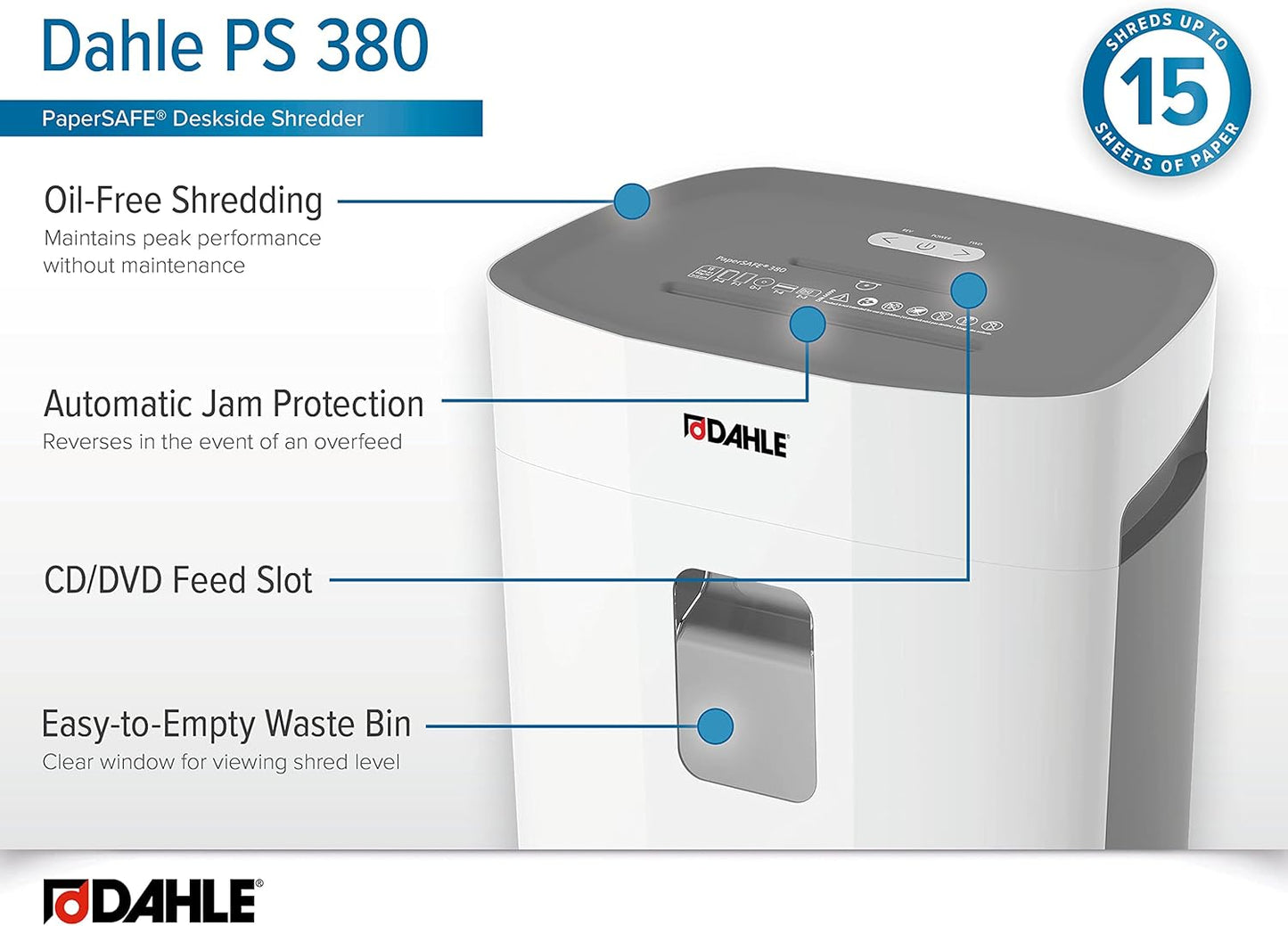 Dahle PaperSAFE PS 380 Paper Shredder, Oil Free, Jam Protection, Security Level P-4, 15 Sheet Max, Shreds CDs, Staples, Paper Clips & Credit Cards