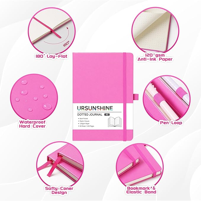 Dotted Journal/Notebook - Dot Grid Hard Cover Notebook, Premium Thick Paper with Fine Inner Pocket, Black Smooth Faux Leather, Pen Loop, 5.3'' x 8.26'' - Raspberry