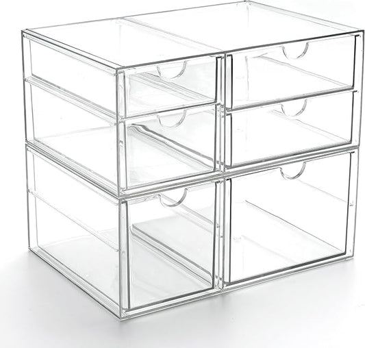 Prsildan Acrylic Drawer Makeup Organizer with 6 Drawers, Set of 2 Office Desk Organizers Accessories, Clear Stackable Storage Drawers for Vanity, Countertop, Craft, Jewelry, Art Supply Organization