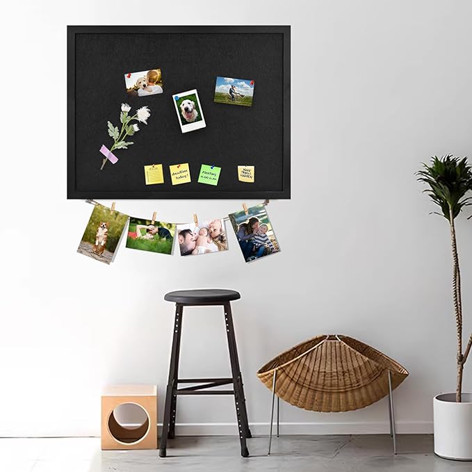 Black Bulletin Board Large Cork Board with Felt, 23"x17" Large Display Pin Board Vision Board for Walls, Jewelry, Notes, Collection, Photos, Office, Black Framed and Black Felt, 1pc