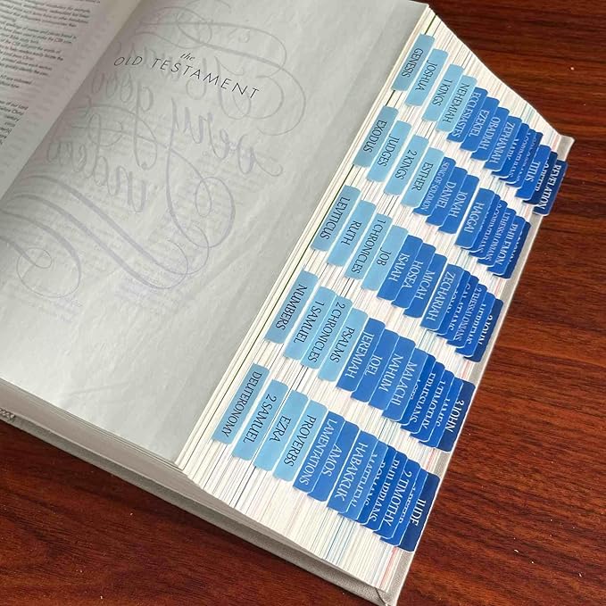 Thinkor Reposition Bible Tabs, Large Print Lanimated Stickers, Easy to Read and Apply Bible Tabs for Women and Man (Four Blue)