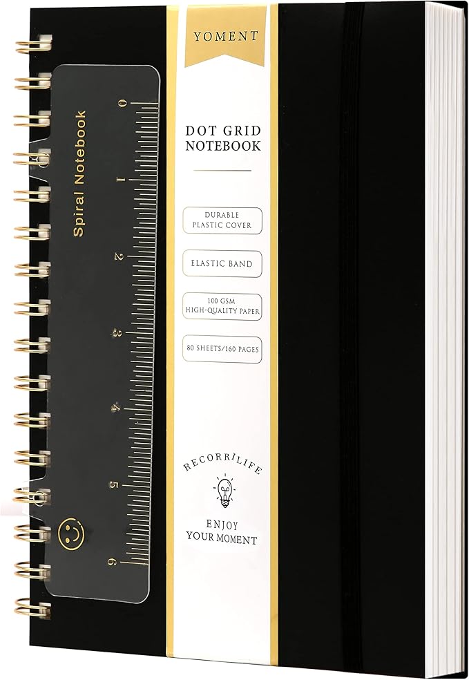 Dot Grid Spiral Notebook A5 Spiral Bullet Dotted Journal 160 Pages Thick Dot Paper Notebooks Plastic Hardcover Spiral Notebook 5x7 Wire Bound Notebooks for Note Taking School Office Supplies,Black