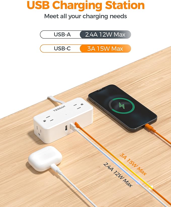 TESSAN White Extension Cord, Surge Protector Small Power Strip with 3 USB Ports (1 USB C), 900J Protection, 5 FT Flat Plug Power Strip, Mini Charging Station Suitable for Home Office Dorm