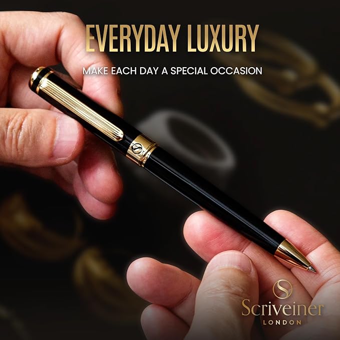 Scriveiner Black Lacquer Ballpoint Pen - Stunning Luxury Pen with 24K Gold Finish, Schmidt Black Refill, Best Ball Pen Gift Set for Men & Women, Professional Executive Office, Nice Fancy Designer Pens