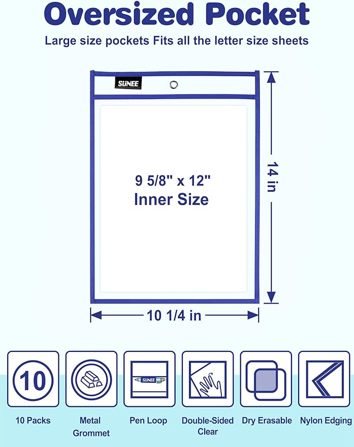SUNEE 6 Packs Oversized Reusable Dry Erase Pocket Sleeves with Binder Ring, 6 Assorted Colors 10x14 Ticket Holders, Clear Plastic Sheet Protectors, Teacher School Classroom Supplies