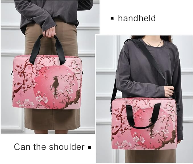 Japanese Cherry Blossom Sakura Tree With Bird Laptop Messenger Bag Case Sleeve Crossbody Briefcase for Men Women with Shoulder Strap Handle 13 14 15.6 inch