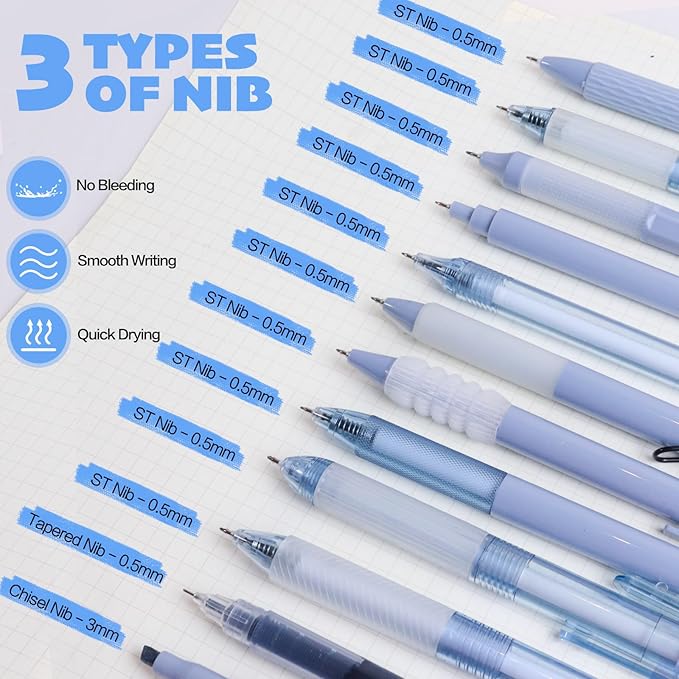 Tetragonal tree- 12Pcs Gel Pens Set, 11Pcs Black Ink Pens and 1Pcs Highlighter, Retractable 0.5mm Fine Point Cute Note Taking Pens for Office School (Navy bluen)
