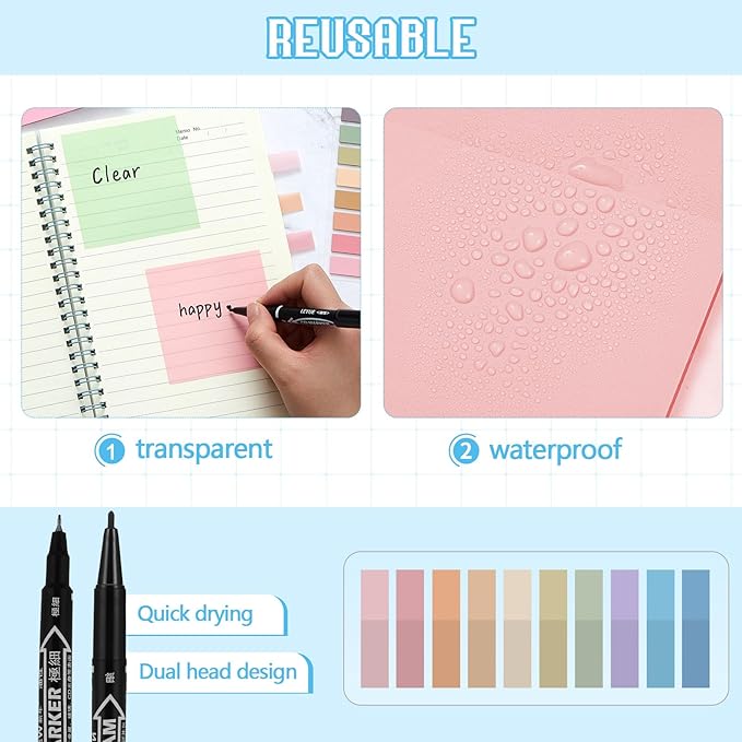 Jutom 39 Pcs Aesthetic Book Annotation Kit Pencil Case Bag with Highlighter Gel Pen 700 Sheets Transparent Sticky Notes Pads Index Tab Bible Study Supplies for School(Blue,Kawaii Style)