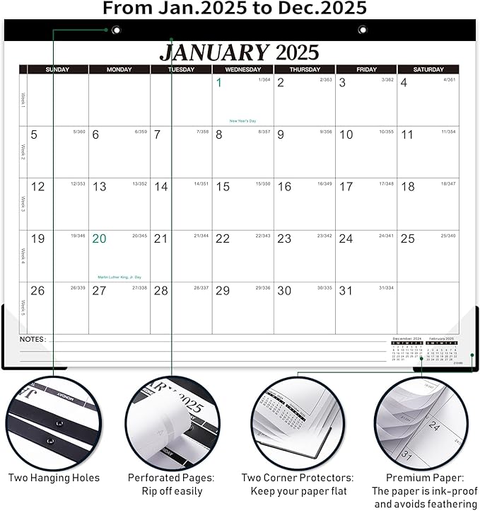 2025 Desk Calendar - 12 Monthly Desk Calendar 2025, JAN.2025 - DEC.2025, 14.6" x 11.5", Desk/Wall Calendar 2-in-1, Thick Paper with Corner Protectors, Hanging Holes, Large Daily Blocks